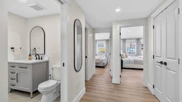 Hair dryer, towels, soap, toilet paper