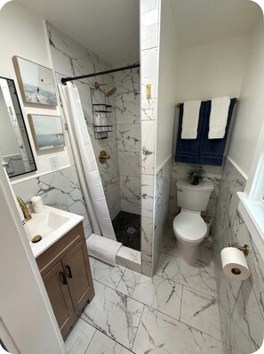 Shower, hair dryer, towels, soap