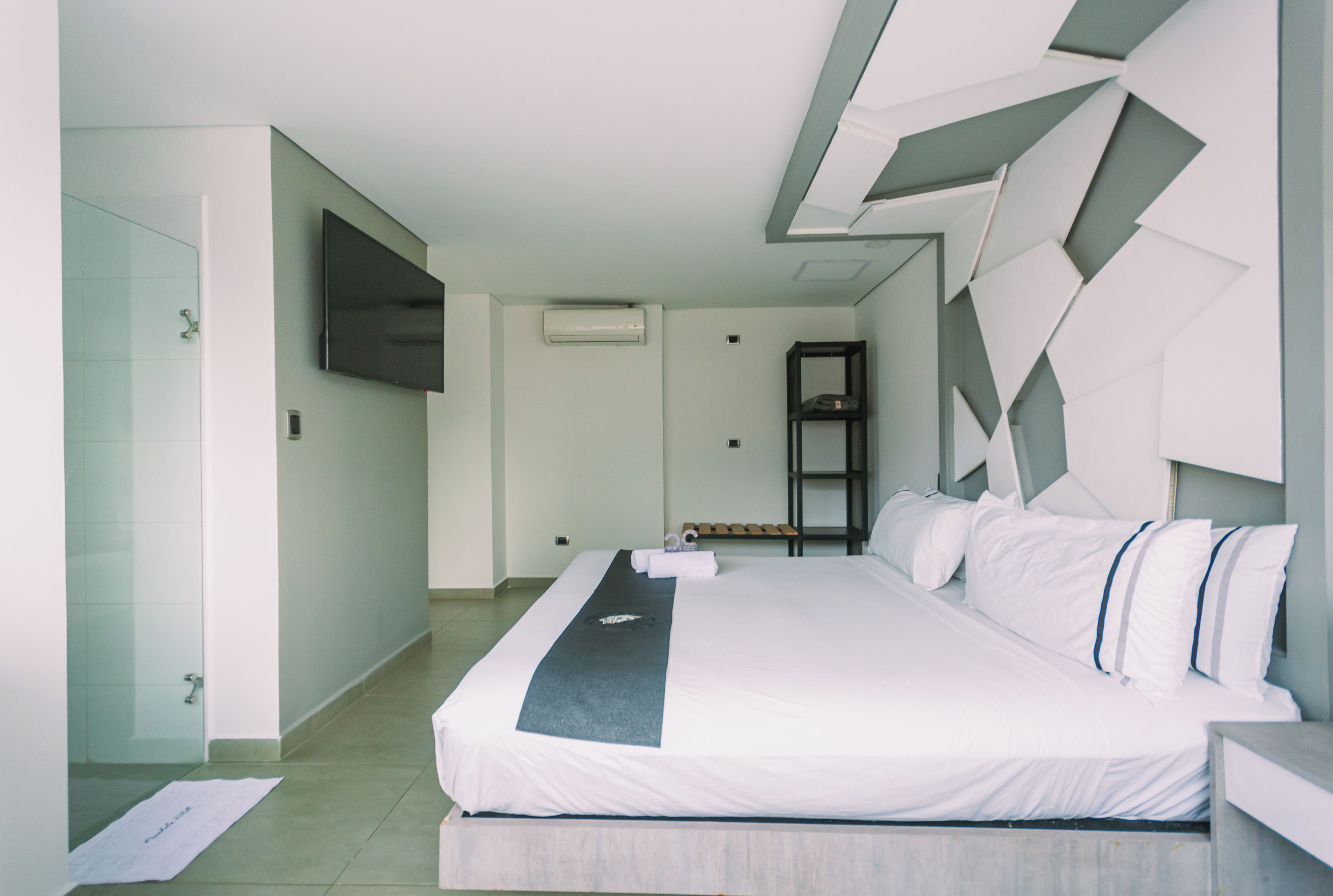 A modern hotel room with a large bed, a flat-screen TV, an air conditioning unit, and a shower area.