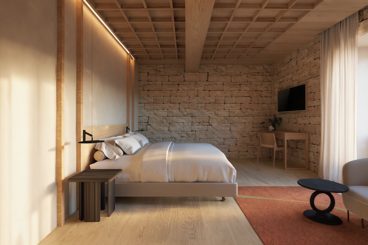 A bedroom with a stone wall, a bed, a TV mounted on the wall, a small table, and a chair.