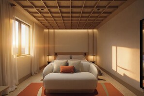 Un dormitorio con una cama grande, lámparas de noche, un ventanal con cortinas y un techo de madera.