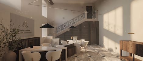 A modern interior with a staircase, a dining area with chairs and a table, and a large plant.