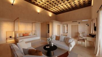 Una sala de estar moderna con un sofá, una mesa de centro y una zona de comedor con una silla.