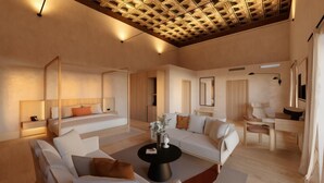 Ein modernes Wohnzimmer mit einer Couch, einem Couchtisch und einem Essbereich mit einem Stuhl.