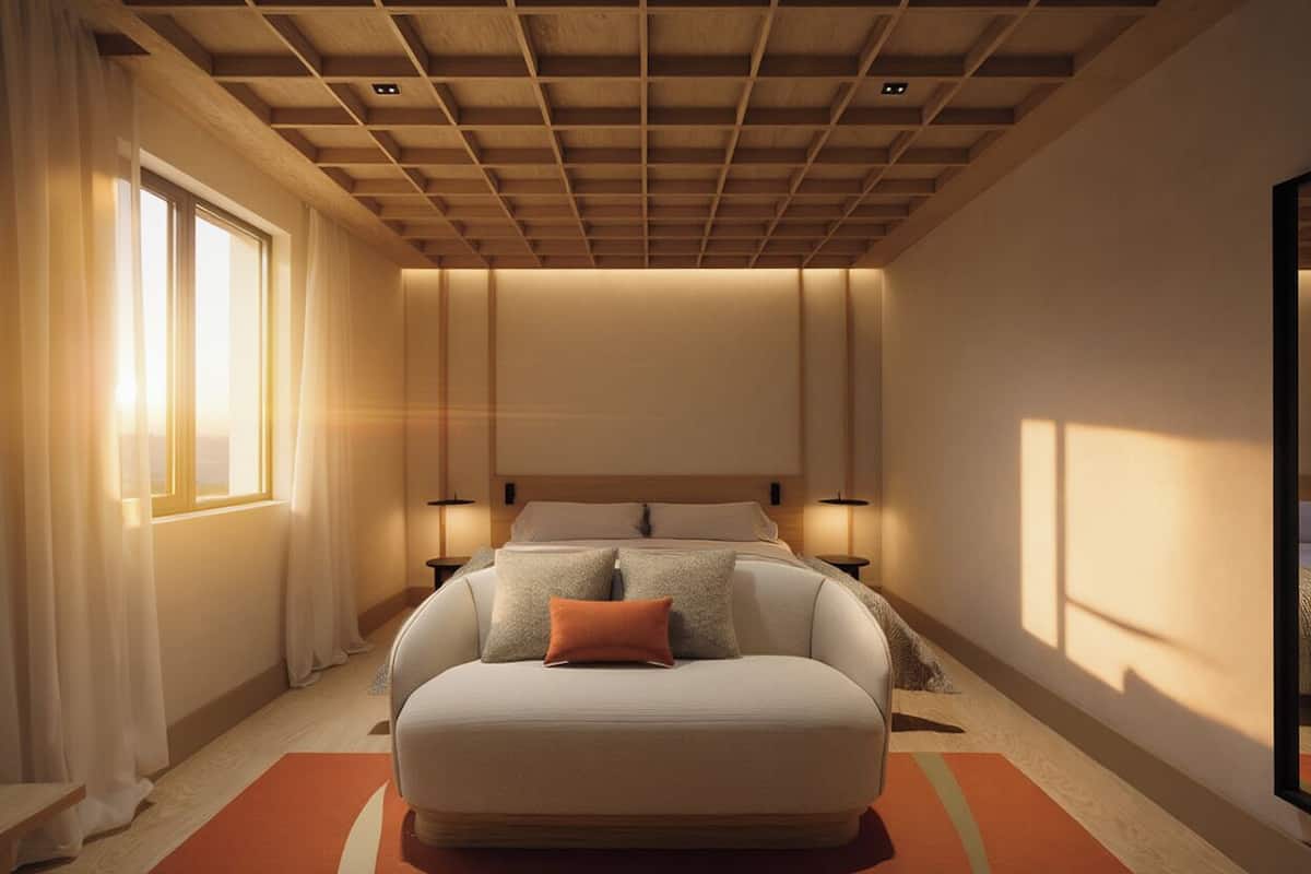 A bedroom with a large bed, bedside lamps, a window with curtains, and a wooden ceiling.