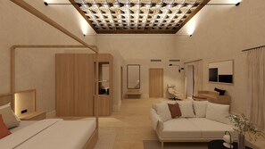 A modern bedroom with a wooden wardrobe, a sofa, a bed, a mirror, and a ceiling with a geometric pattern. - Castilla Termal Palacio De Avellaneda (Penaranda de Duero)