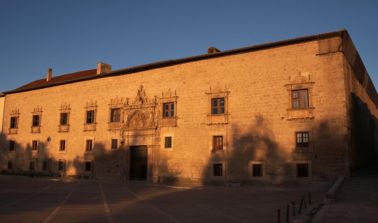 Un edificio grande e histórico con fachada simétrica, numerosas ventanas y una entrada central.