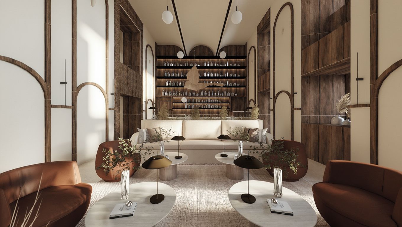 Una sala de estar moderna con un sofá, dos sillones, una mesa de centro y una estantería.