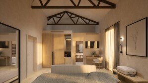 A modern hotel room with a bed, bedside table, wardrobe, and a bathroom visible through an open door.