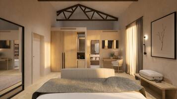Una habitación de hotel moderna con cama, mesita de noche, armario y un baño visible a través de una puerta abierta.