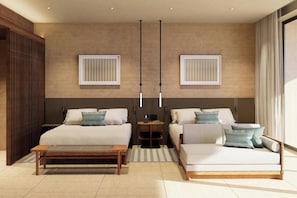 A modern bedroom with a large bed, a smaller sofa, a wooden bench, two bedside tables, and a large window. - Siari Riviera Nayarit A Ritz Carlton Reserve (Compostela)