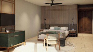 A modern bedroom with a bed, a TV, a desk, and a ceiling fan.