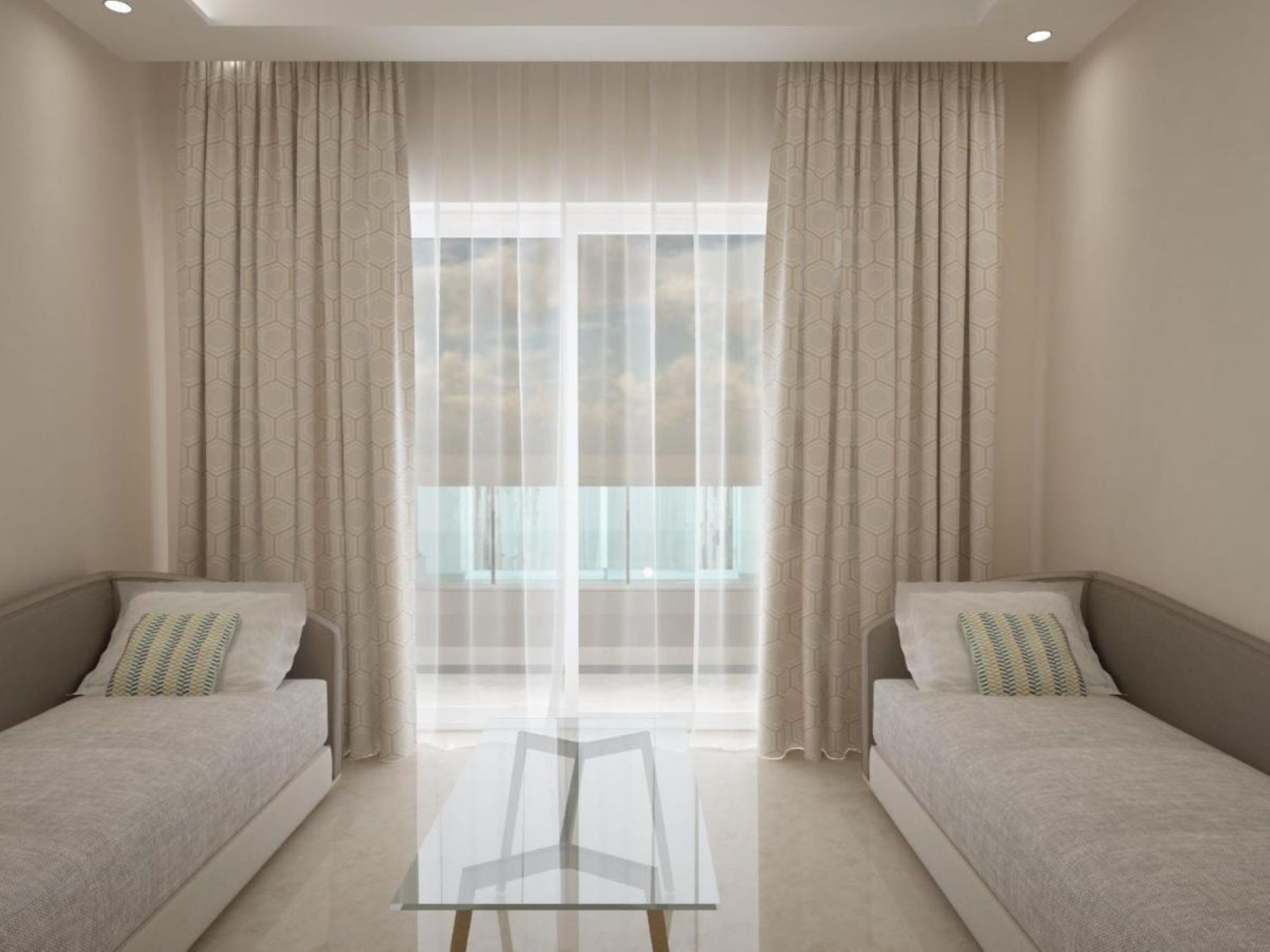 Una habitación de hotel moderna con dos camas individuales, una mesita de vidrio y un ventanal con cortinas translúcidas.