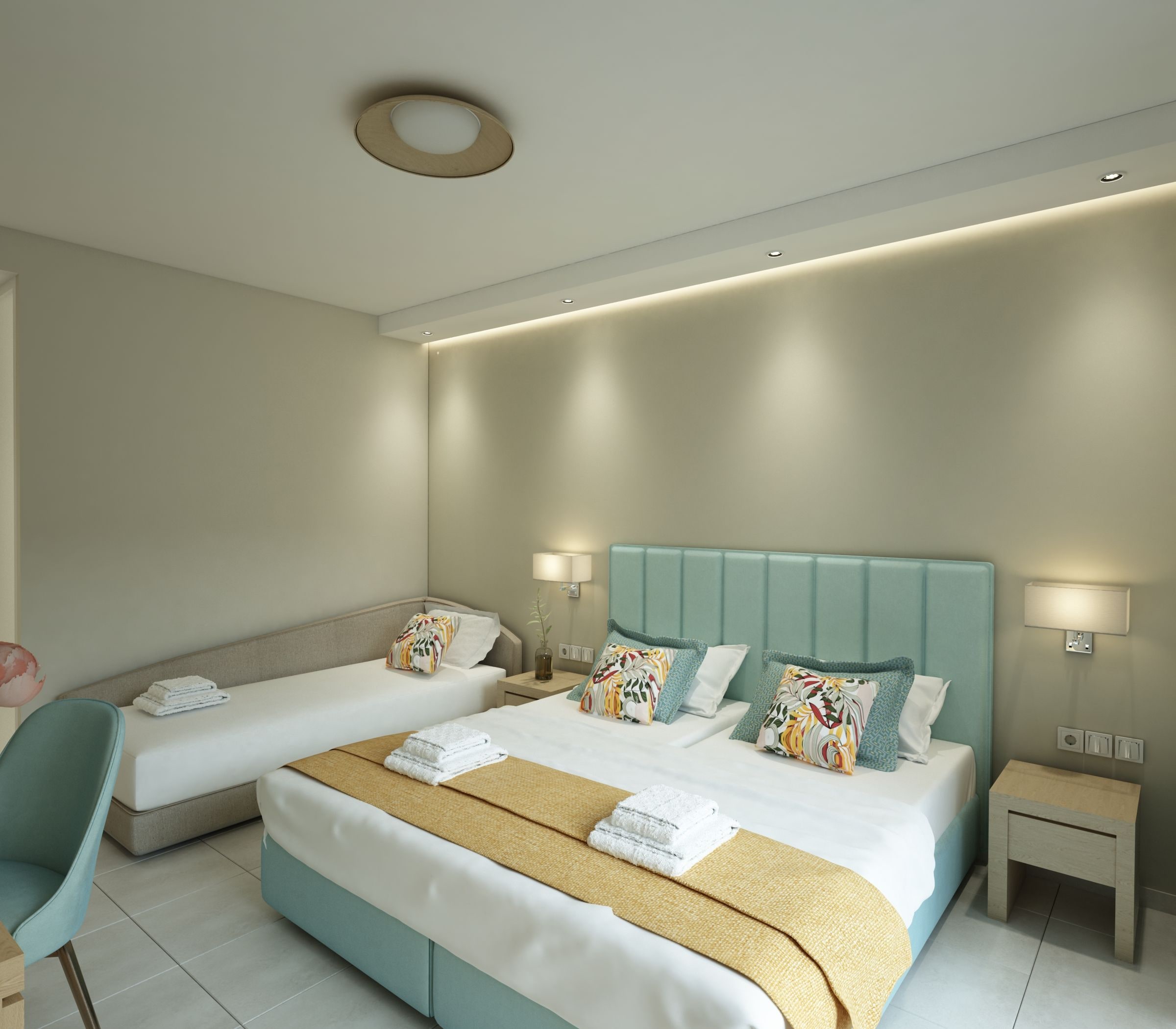 Habitación de hotel con dos camas, un sofá, una silla y una mesita de noche con lámpara.