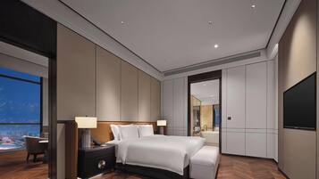 A modern hotel bedroom with a large bed, bedside lamps, a nightstand, a TV, and a view of a cityscape.