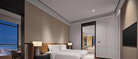 A modern hotel bedroom with a large bed, bedside lamps, a nightstand, a TV, and a view of a cityscape.