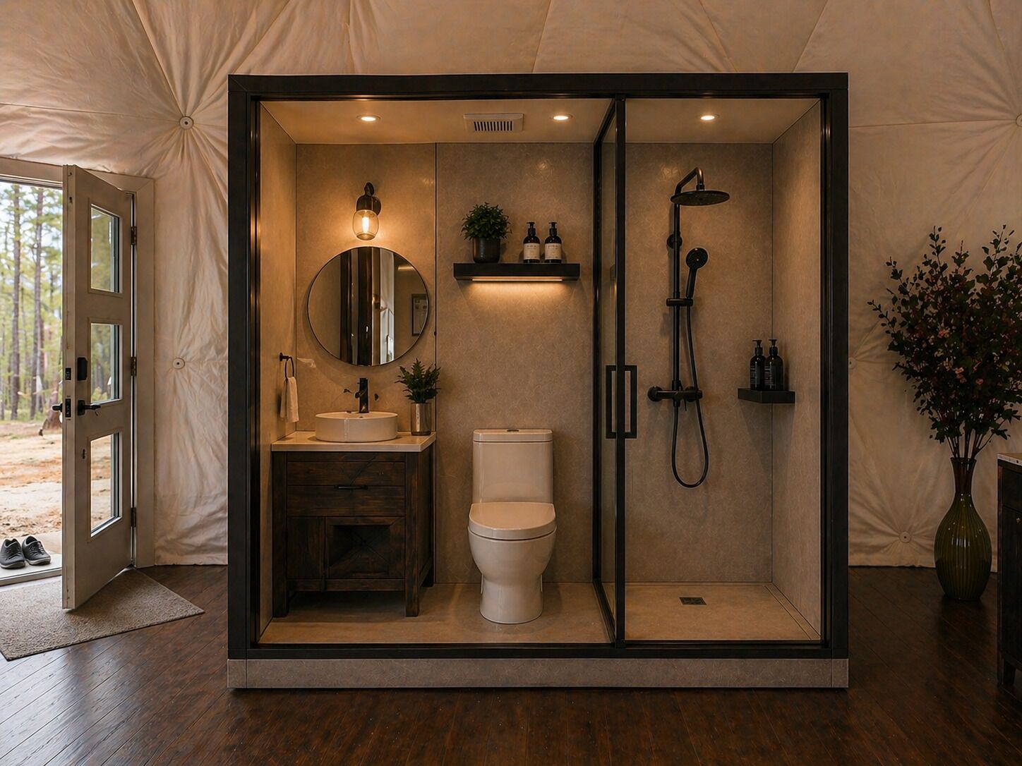 Shower, towels, soap, toilet paper