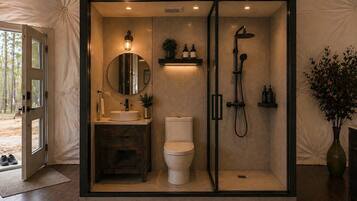 Shower, towels, soap, toilet paper