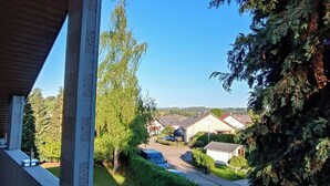 Ett bostadsområde med hus, en väg och grönområden.