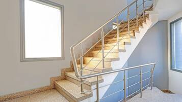 A staircase with metal railings, a window, and a carpeted floor.