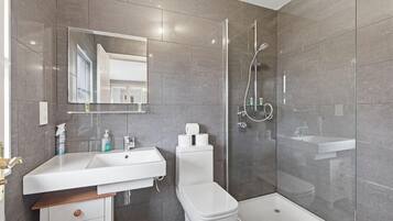 Shower, towels, soap, toilet paper