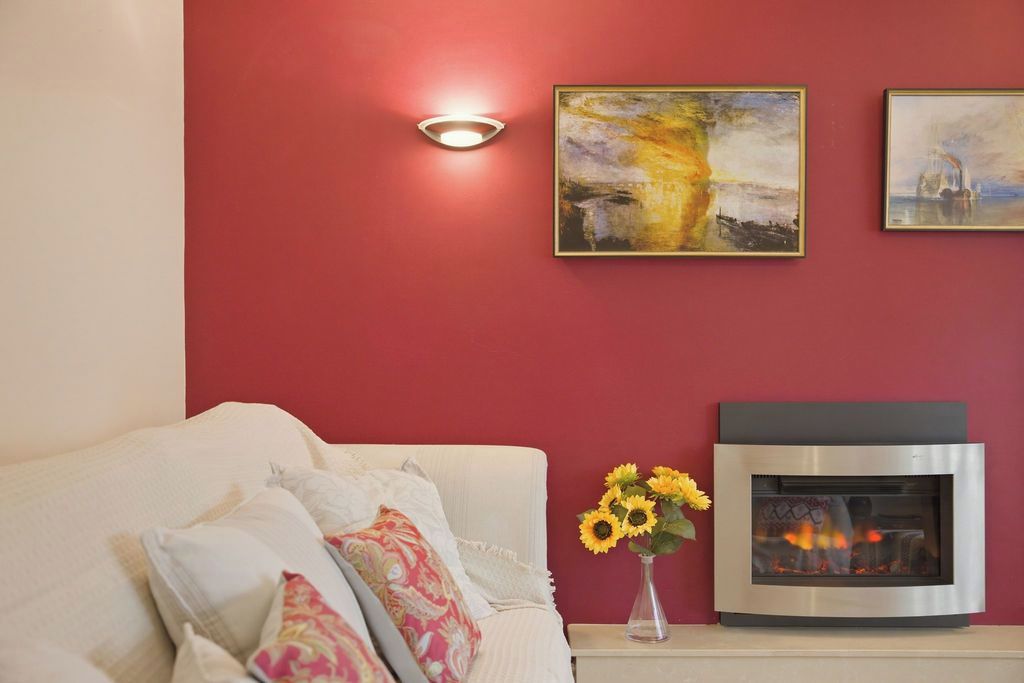 Smart TV, fireplace, books
