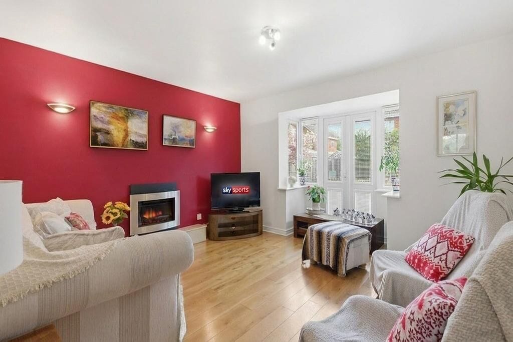 Smart TV, fireplace, books