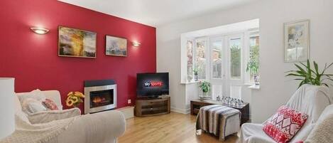 Smart TV, fireplace, books