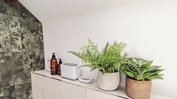 A bathroom vanity with toiletries, a plant, and a mirror. - Snowdrop Cottage (Morpeth)