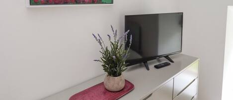 Ein Zimmer mit einem Flachbildfernseher auf einer weißen Kommode, einem farbenfrohen abstrakten Gemälde an der Wand und einer Topfpflanze auf einer roten Matte.