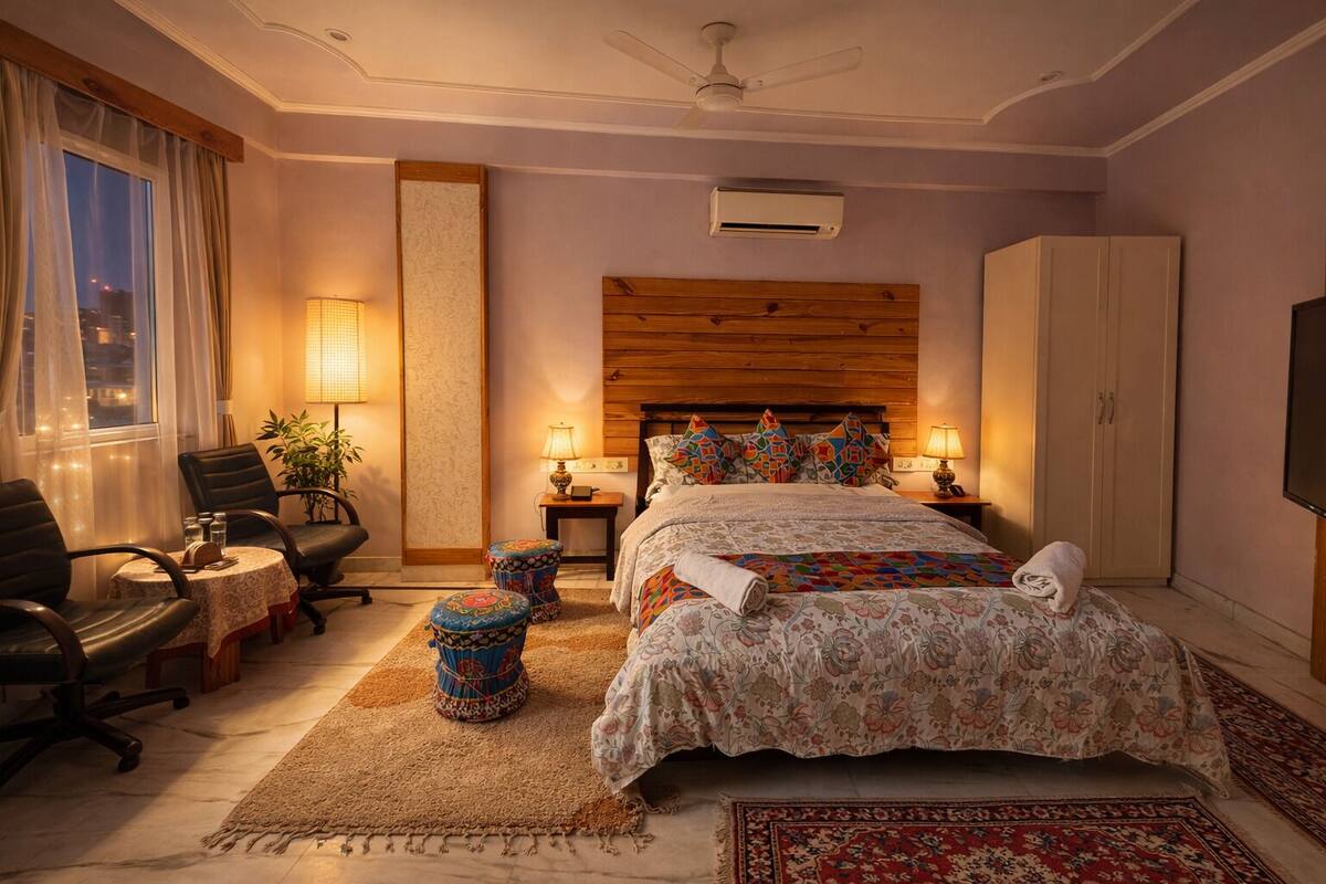 A hotel room with a bed, a desk, a chair, a wardrobe, and a window with curtains.