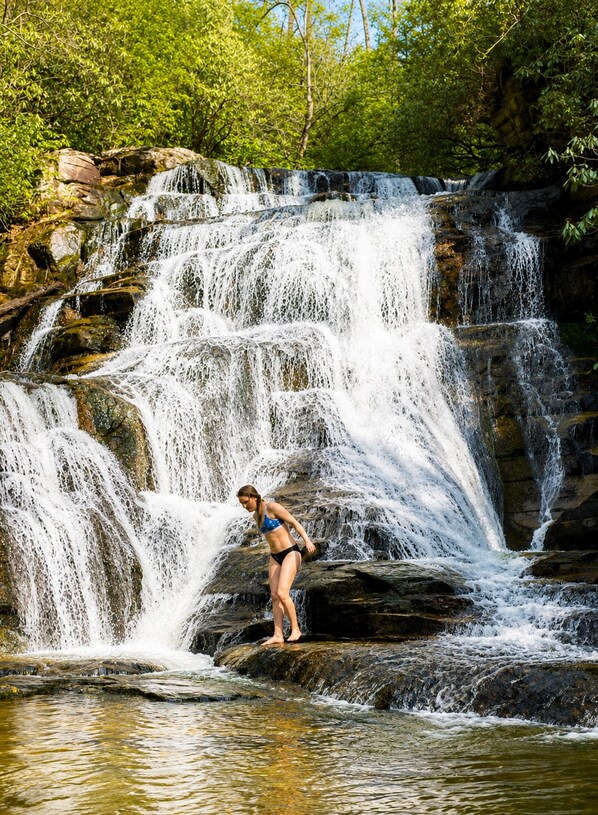 A waterfall with a person standing on a rock. - Luxury Treehouse Retreat | Bordering Gorges (Brevard)