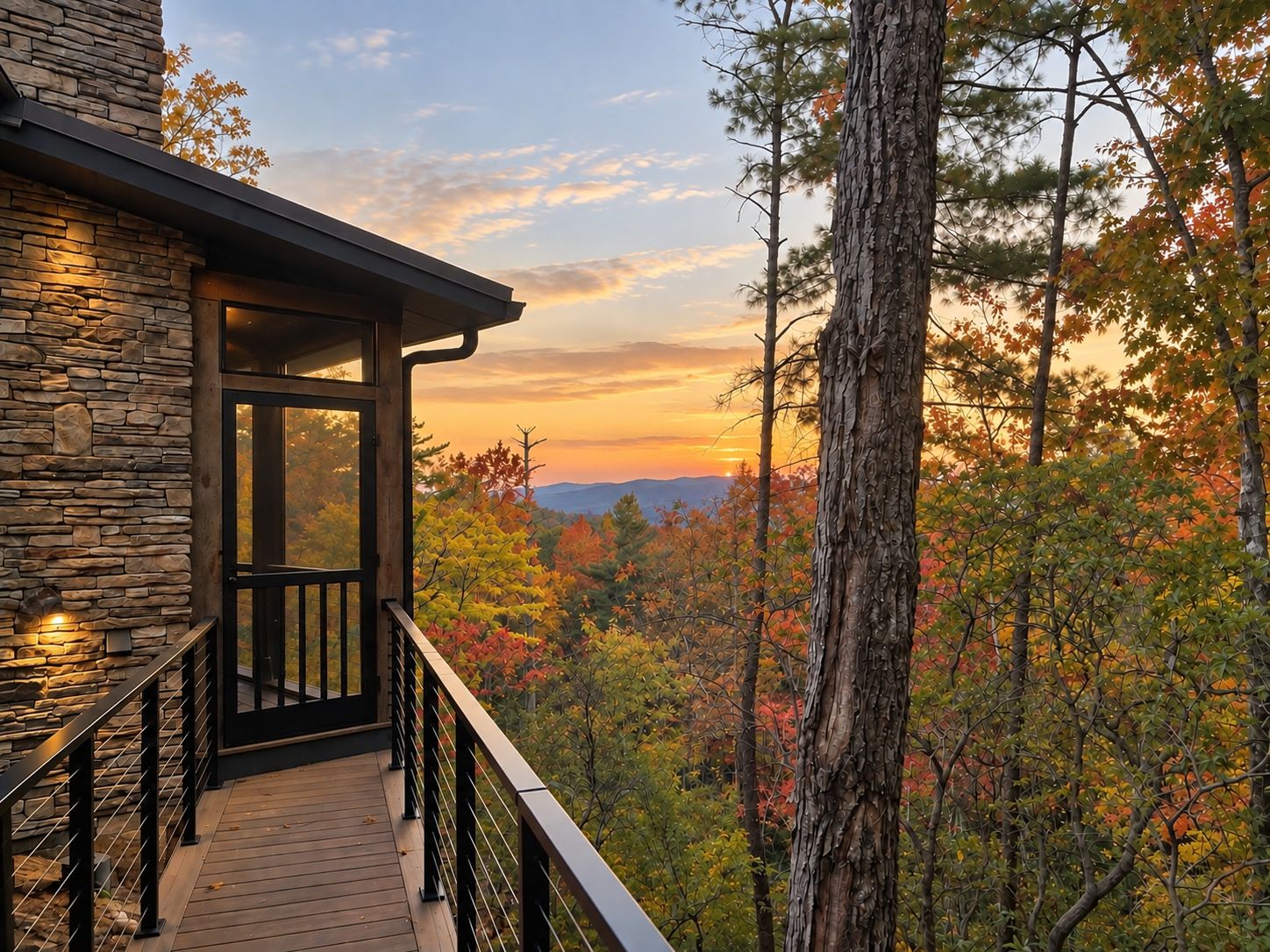 A stone building with a wooden deck and railing, overlooking a forested area with autumn foliage.