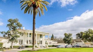 Un edificio blanco grande con una palmera destacada al frente, rodeado de un césped cuidado y coches estacionados.