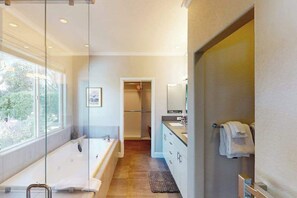 Shower, hair dryer, towels, shampoo - Sonoma Heated Pool Home with Valley Views near Plaza Wineries (Sonoma)