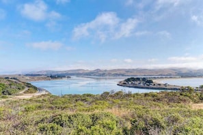 A coastal landscape with a clear view of the water, a road, and distant hills.