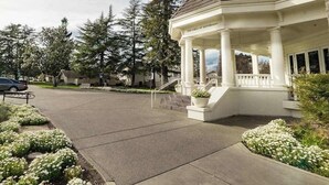 A covered outdoor area with a gazebo, a paved driveway, and a row of white flowering plants.