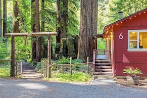A red cabin with a number 6 sign, surrounded by tall trees and a gravel path leading to a wooden gate. - Cazadero 2BR creekside cabin — wraparound deck under the redwoods (Cazadero)