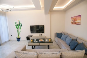 Un salon moderne avec un canapé, une table basse, un téléviseur et une plante.