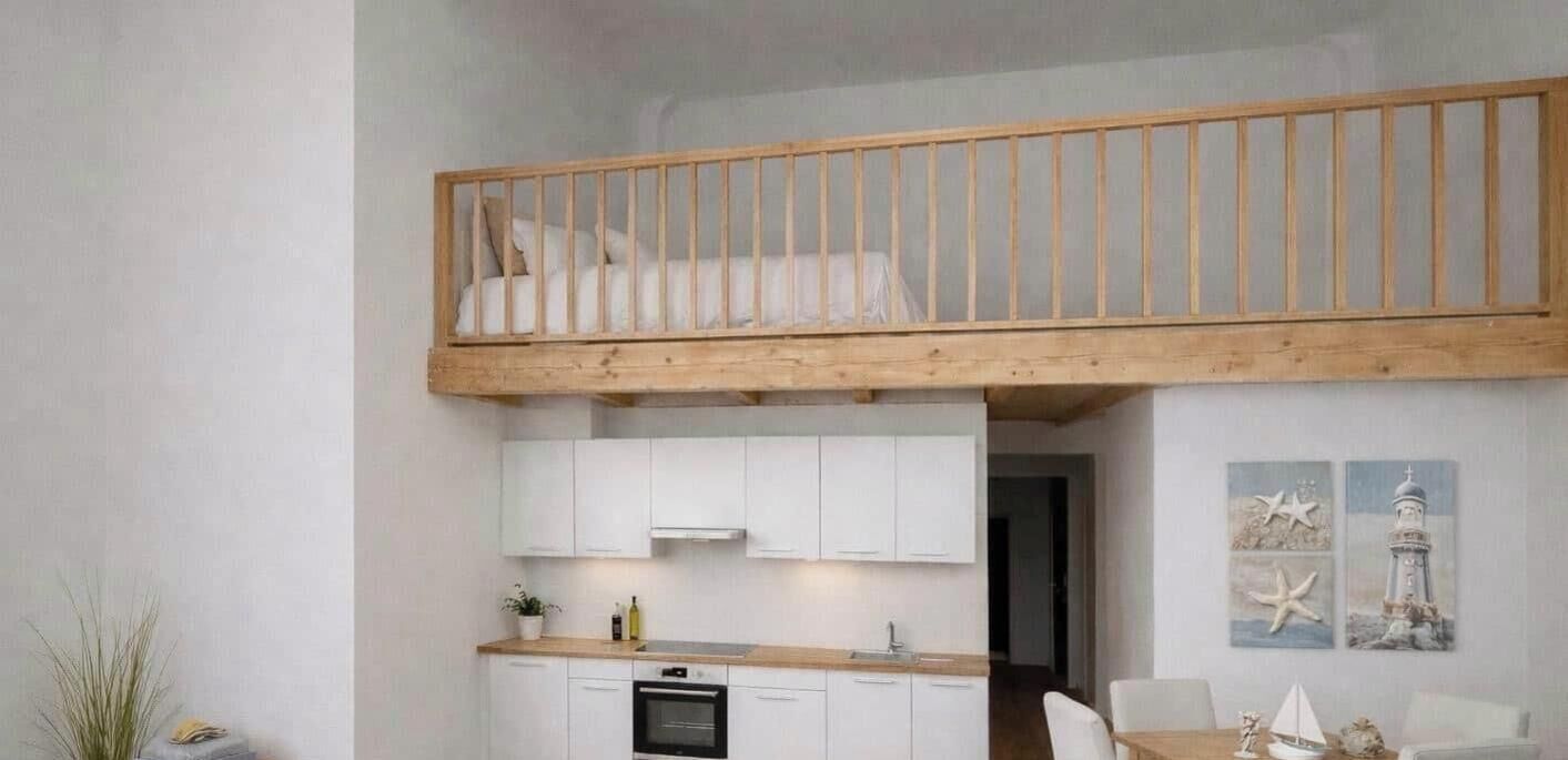 Eine kleine Küche mit weißen Schränken, einer Holz Arbeitsplatte und einem eingebauten Ofen.