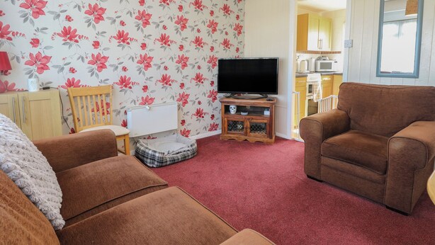A living room with a red carpet, floral wallpaper, a television, and a kitchen visible through an open door. - Mon Chalet (Great Yarmouth)