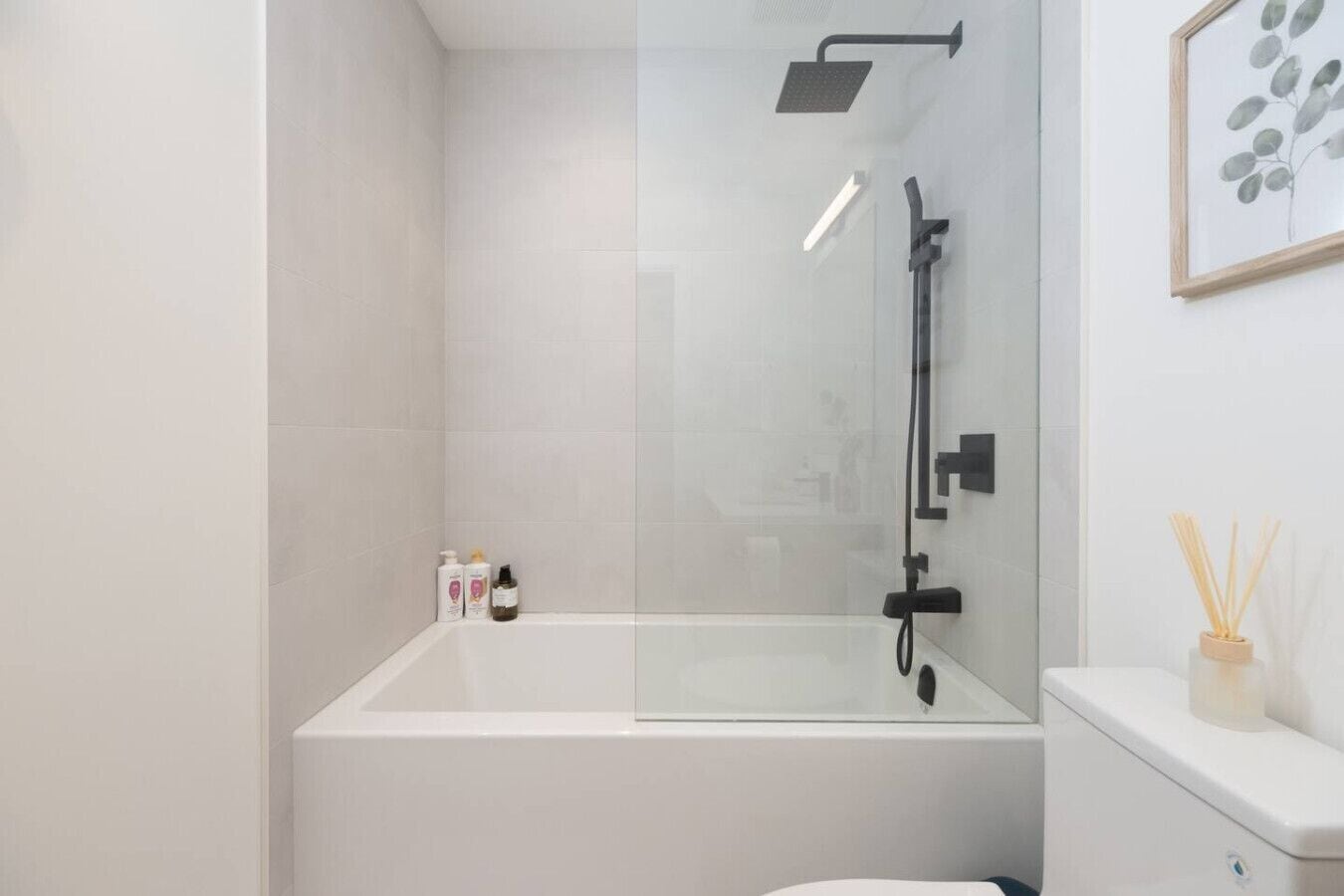 Hair dryer, towels, soap, shampoo