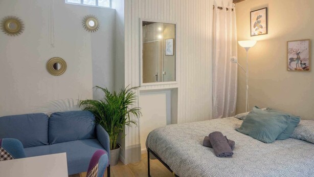 A room with a bed, a blue sofa, a potted plant, a mirror, and a window with curtains. - Small studio downtown (Orléans)