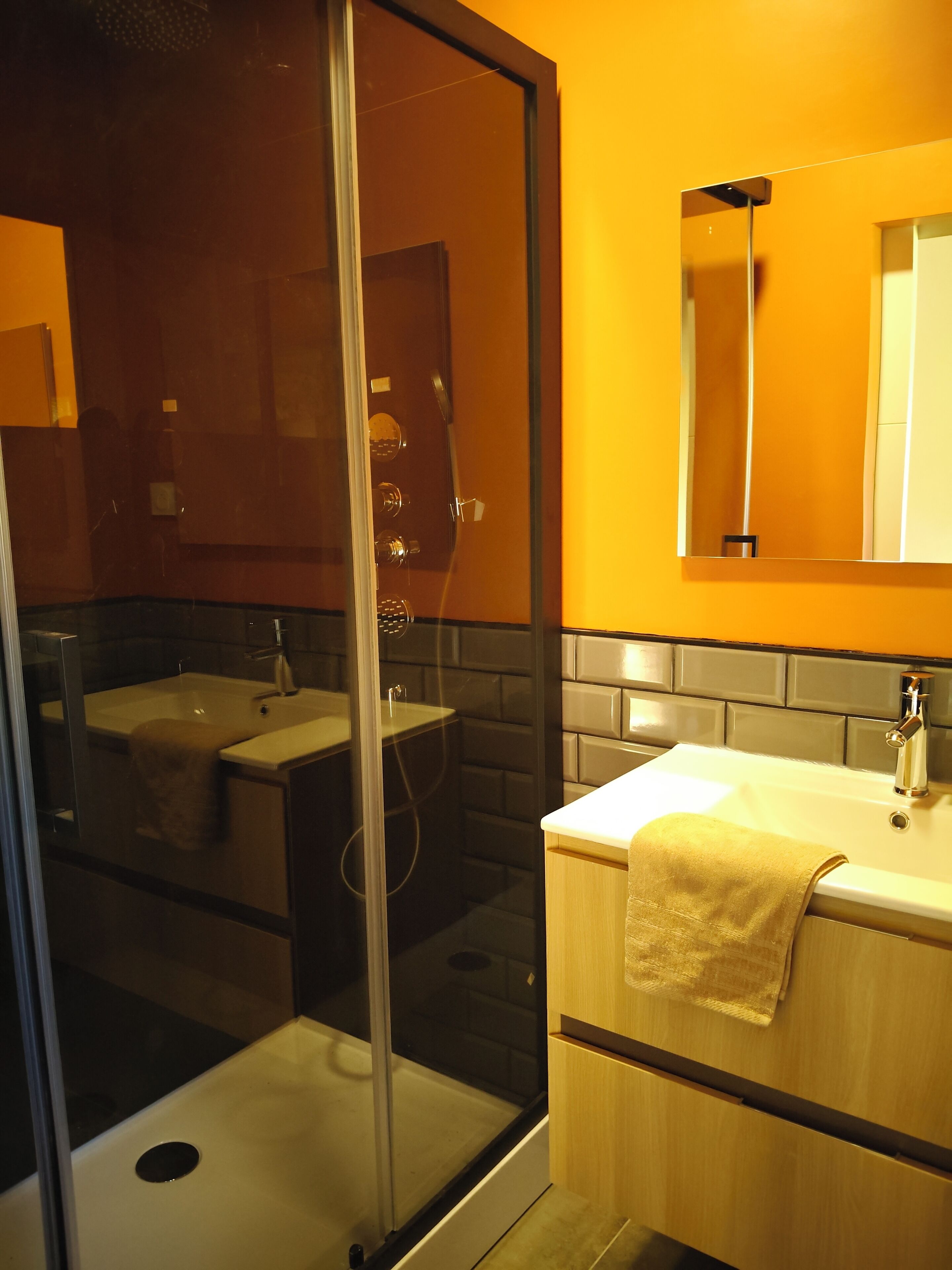A bathroom with a glass shower enclosure, two sinks, a mirror, and a towel rack.
