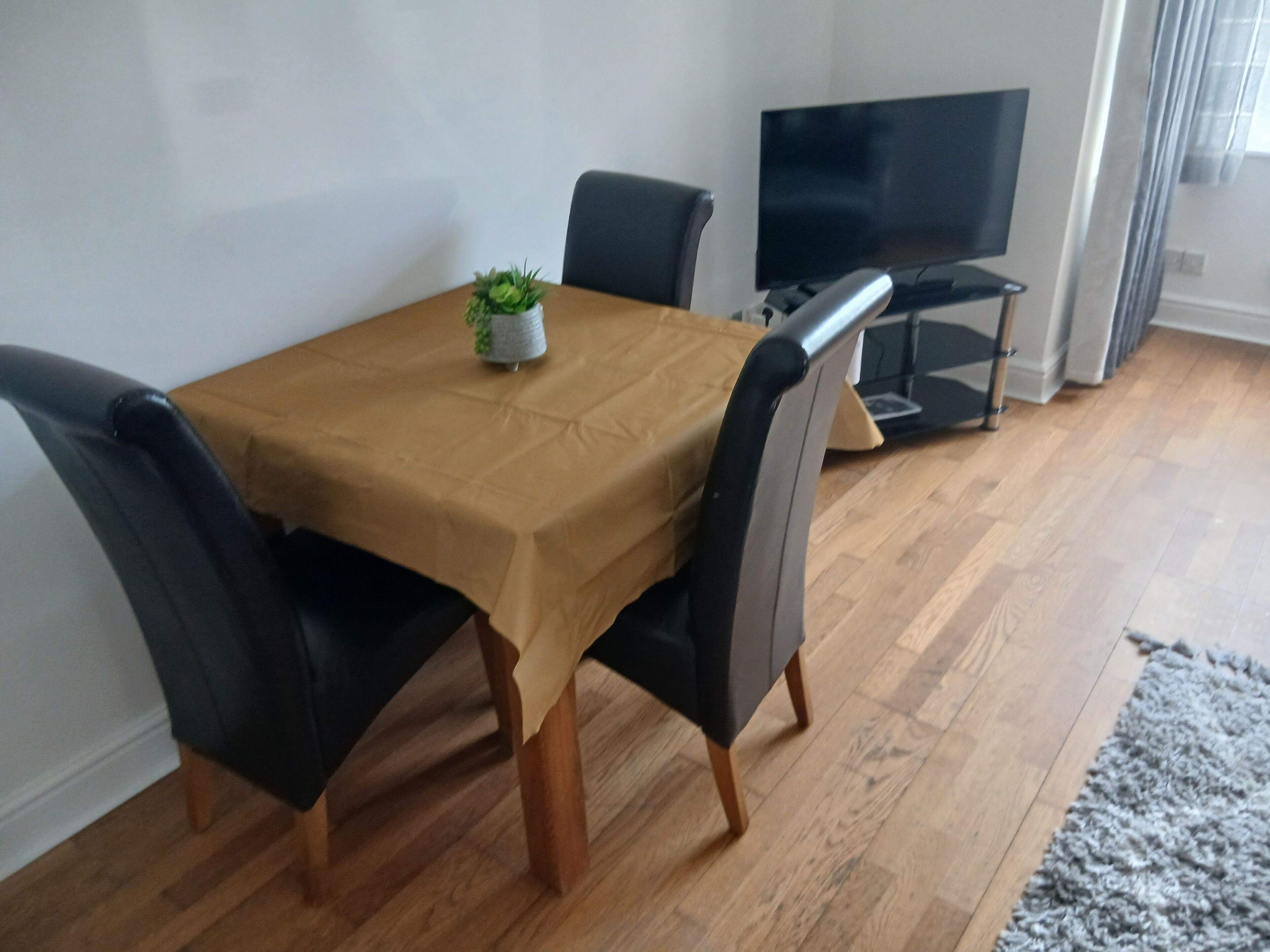 Un coin repas avec une table recouverte d’une nappe marron, quatre chaises noires, une petite plante en pot et un meuble pour la télévision sur lequel est posé un téléviseur à écran plat.
