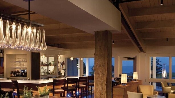 A spacious bar area with wooden tables and chairs, a large tree trunk centerpiece, and a view of the ocean through large windows.