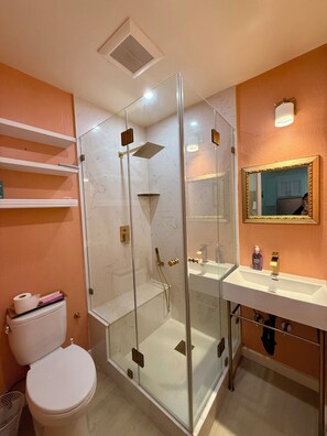 Un baño con ducha envuelta en vidrio, inodoro blanco, lavabo con espejo y estante con artículos de tocador.