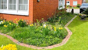 Una casa de dos pisos con techo de tejas rojas, muros de ladrillo y un jardín con narcisos.