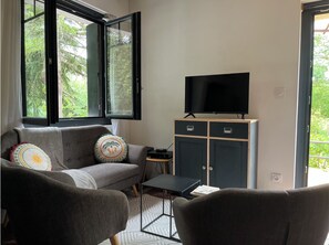 TV, caminetto, tavolo da ping pong, libri