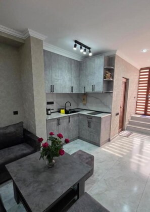 Apartamento Signature, 2 habitaciones | Cocina privada | Frigorífico grande, microondas, placa de cocina y cafetera o tetera